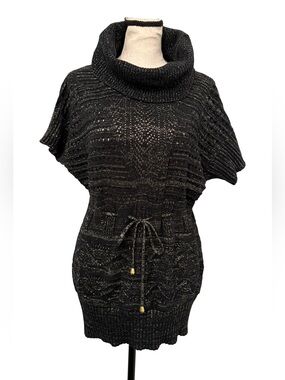 2B Bebe Black Metallic Knit Tunic Dress L Cowl Neck Y2K Shimmer